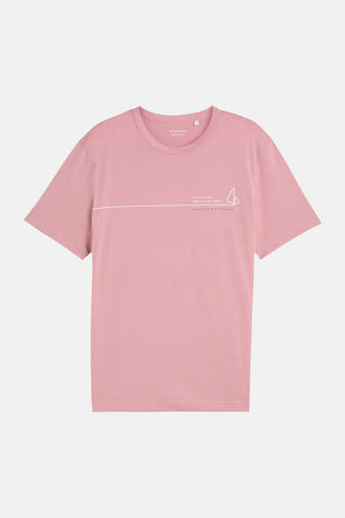 Pink short-sleeve T-shirt by Tom Tailor with white sailboat graphic and text across chest, front view