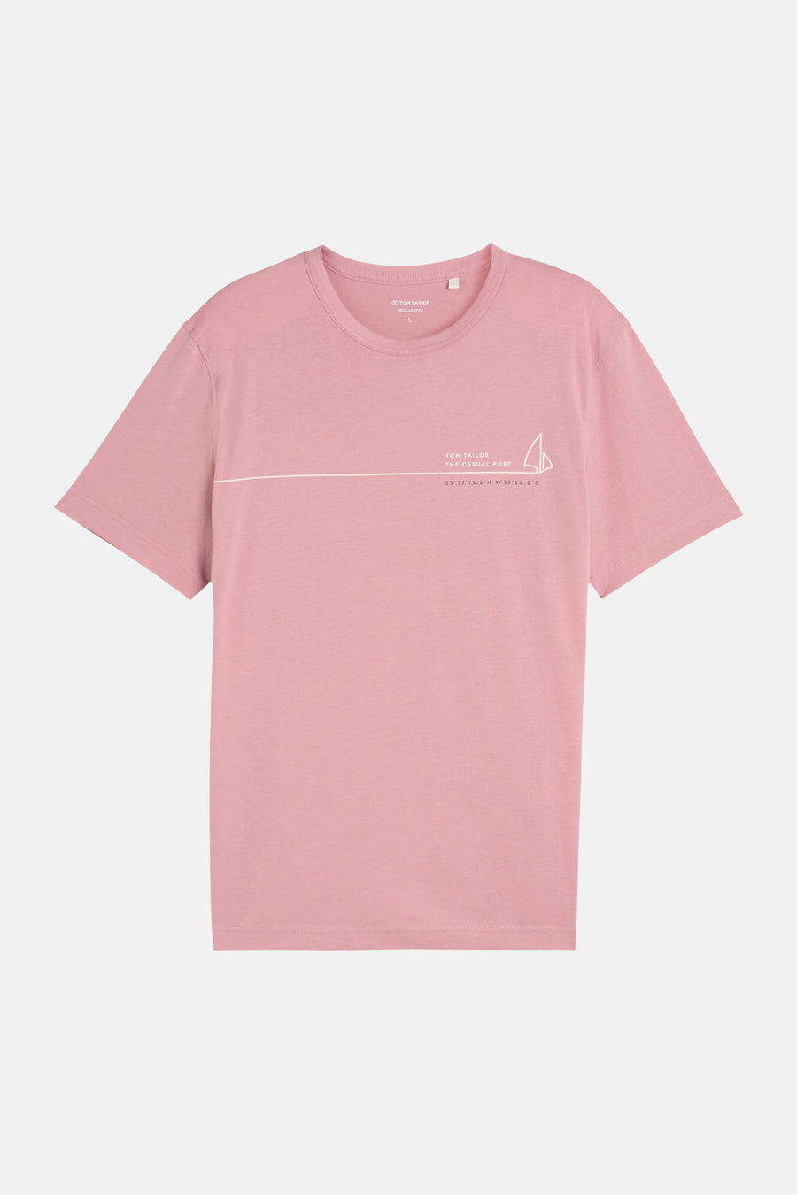 Pink short-sleeve T-shirt by Tom Tailor with white sailboat graphic and text across chest, front view