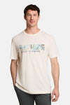Off-white short-sleeve t-shirt with colorful striped graphic and text, worn by model in front view
