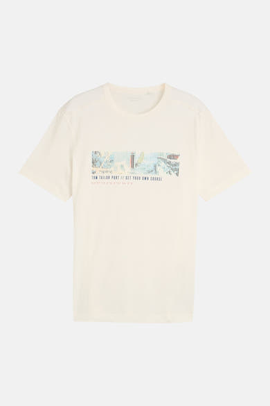 White short-sleeve T-shirt by Tom Tailor with colorful pixelated graphic and text across chest, front view.