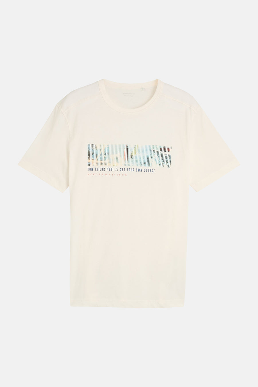 White short-sleeve T-shirt by Tom Tailor with colorful pixelated graphic and text across chest, front view.