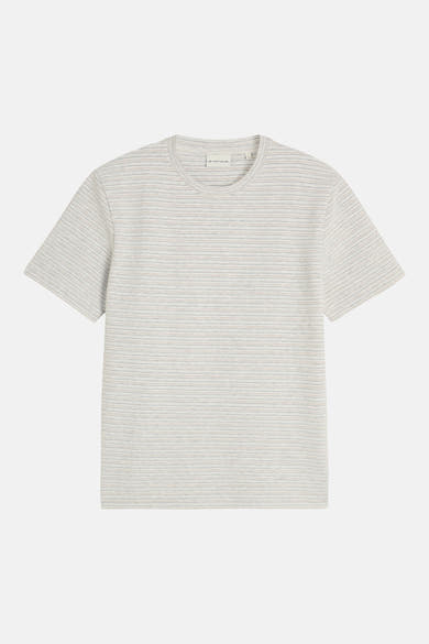 White short-sleeve t-shirt with fine horizontal stripes by Tom Tailor, round neckline, flat lay front view