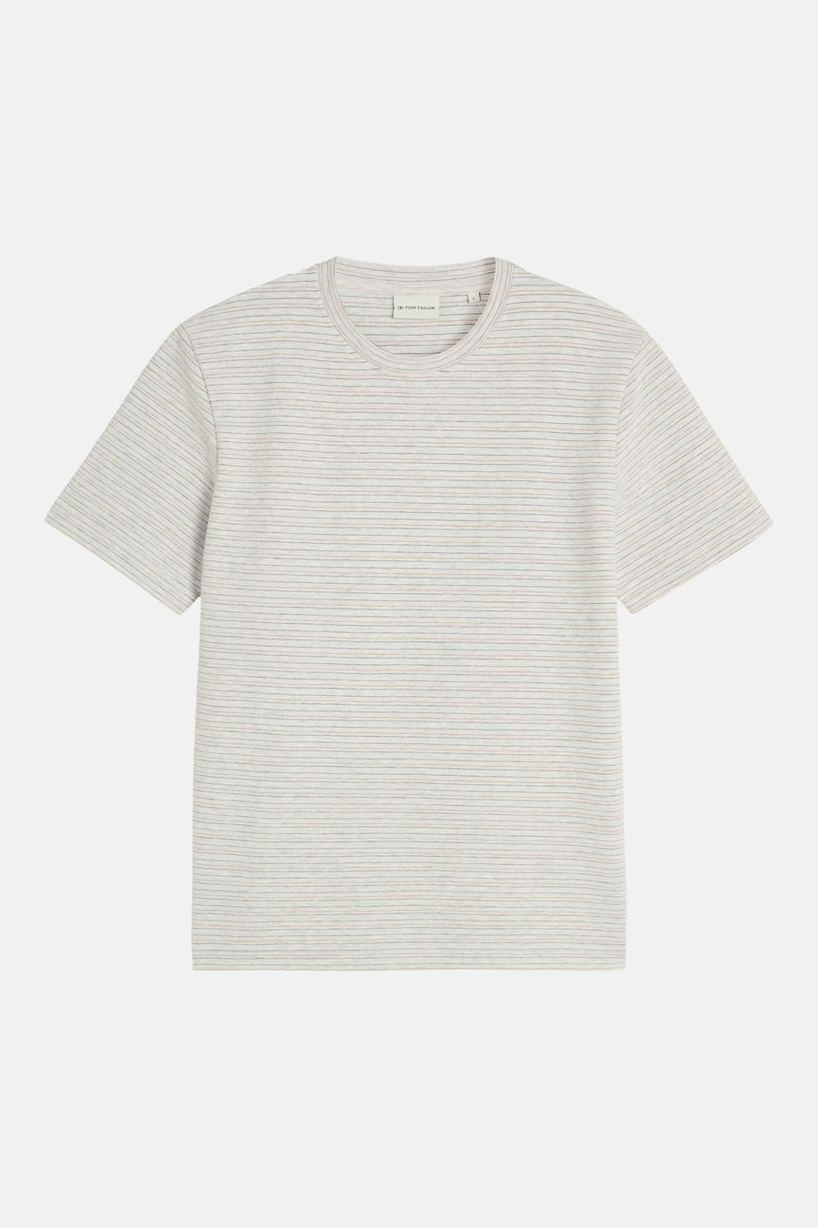 White short-sleeve t-shirt with fine horizontal stripes by Tom Tailor, round neckline, flat lay front view