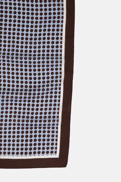 Multicolored polka dot scarf with brown and light blue pattern by Tom Tailor, featuring white border and solid brown edge, shown in close-up side view