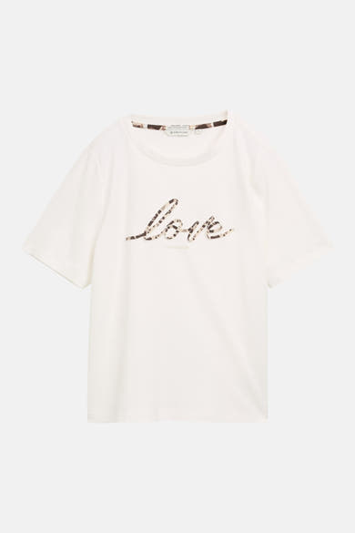 White short-sleeve T-shirt by TOM TAILOR with camouflage "love" print and matching neck trim, front view