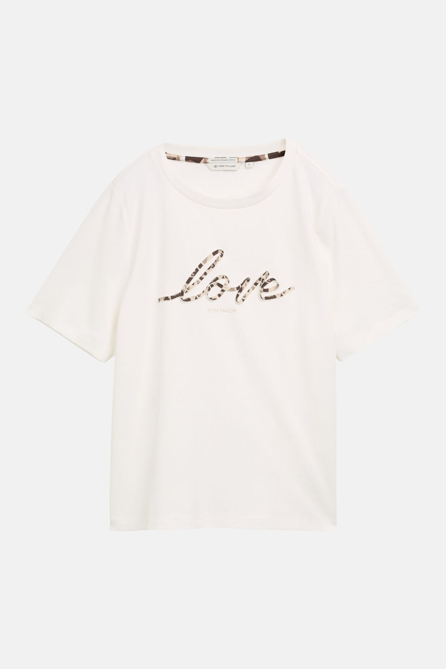 White short-sleeve T-shirt by TOM TAILOR with camouflage "love" print and matching neck trim, front view