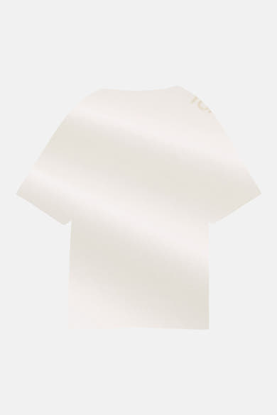 White short-sleeve t-shirt with textured fabric and subtle gold logo on shoulder, back view