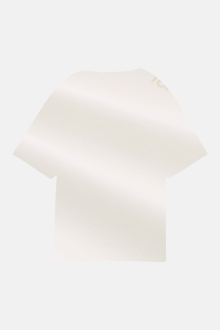 White short-sleeve t-shirt with textured fabric and subtle gold logo on shoulder, back view