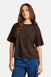 Brown short-sleeve T-shirt with textured pattern, worn by model with blue jeans, front view
