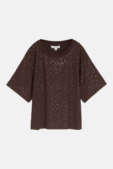 Brown short-sleeve T-shirt by Tom Tailor with textured leopard pattern, ribbed crew neck, and relaxed fit, front view