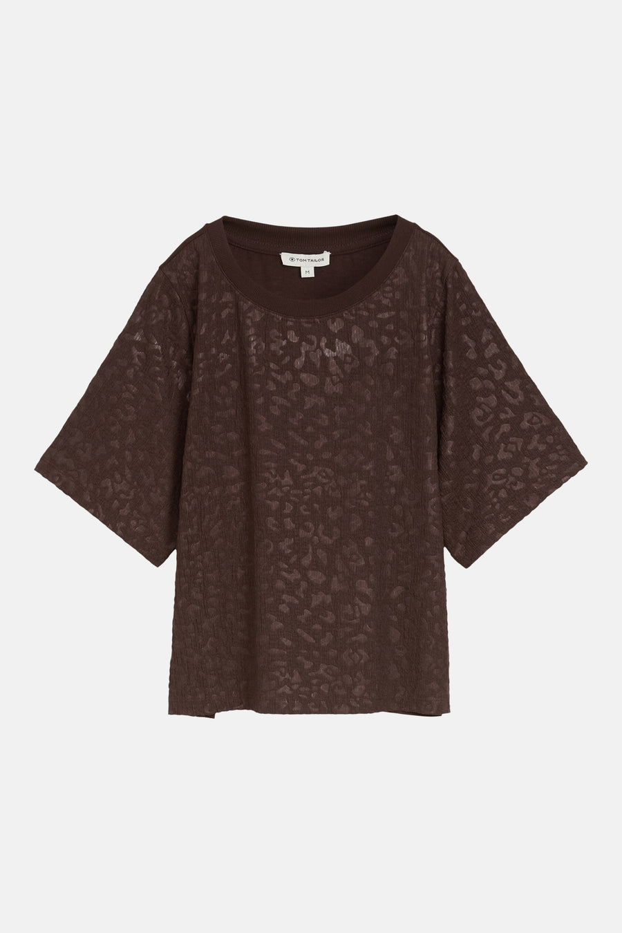 Brown short-sleeve T-shirt by Tom Tailor with textured leopard pattern, ribbed crew neck, and relaxed fit, front view