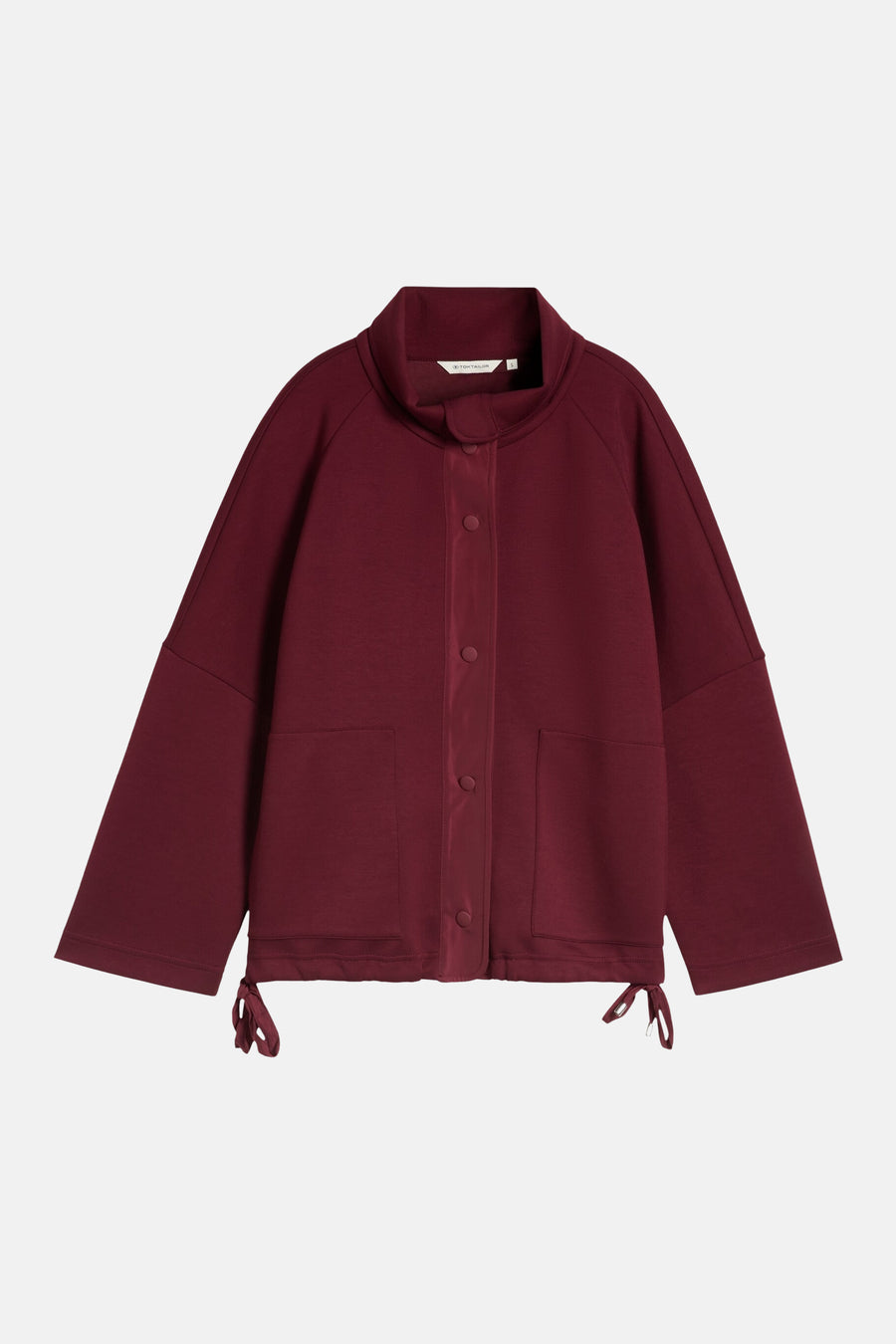 Burgundy cardigan with stand collar and front buttons by TOM TAILOR, featuring side pockets and drawstrings at hem, shown in front view.