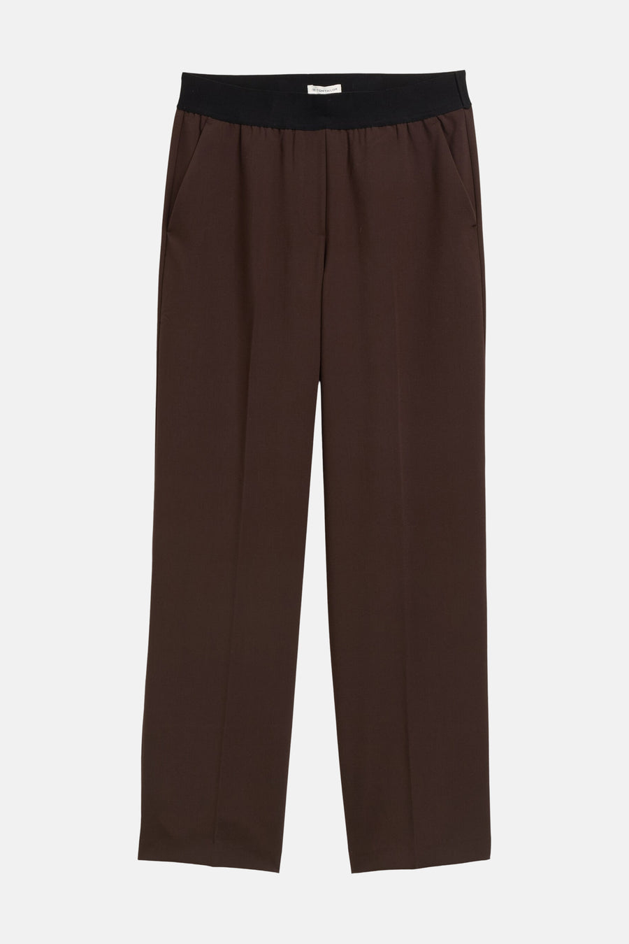 Pantalon brun élastique pour femme par Tom Tailor, coupe droite, ceinture noire, vue frontale
