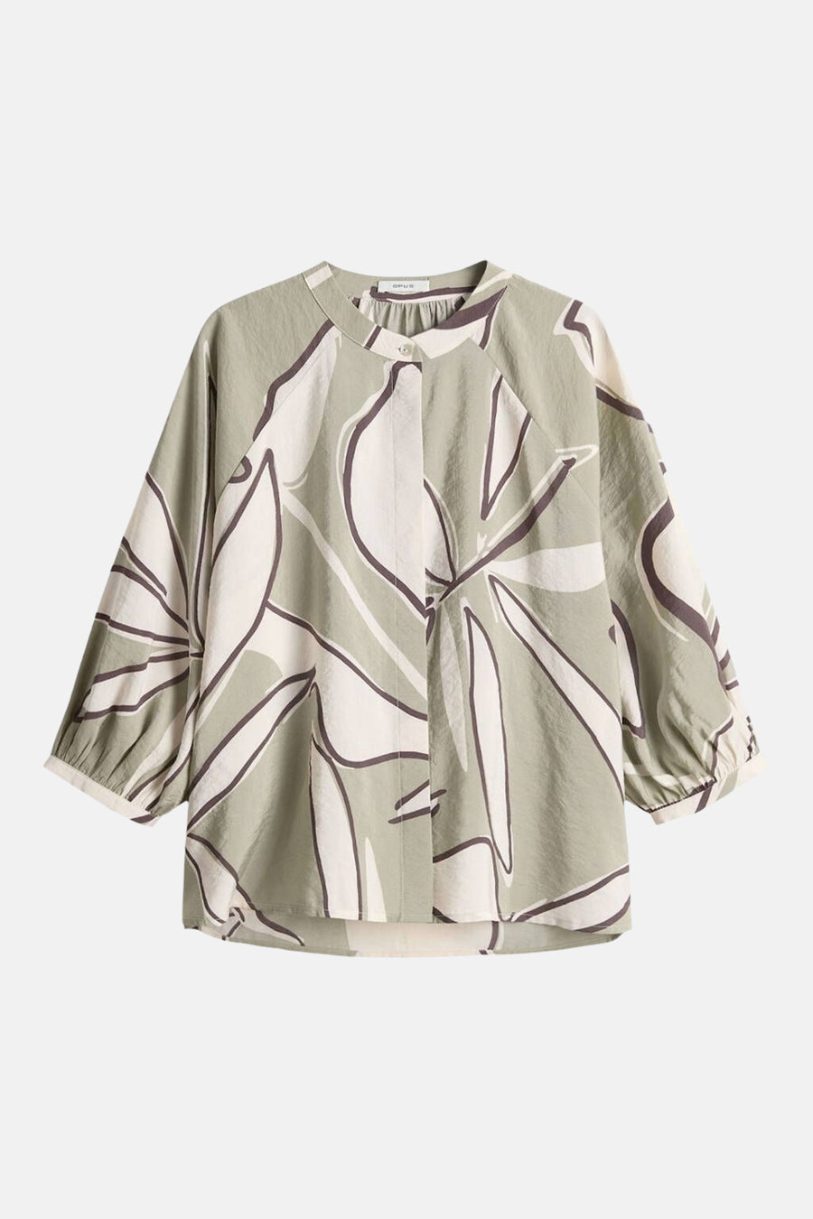 Chemisier trois-quarts multicolore de OPUS, à motif floral abstrait blanc et marron sur fond vert olive.
