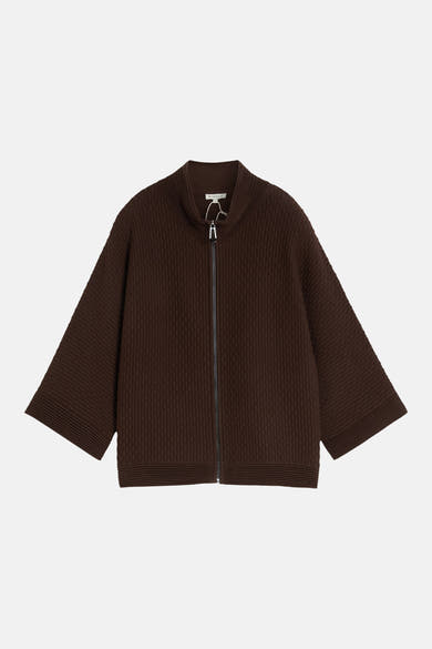 Brown ribbed knit cardigan with full-length zipper and stand collar, front view