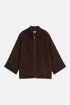 Brown ribbed knit cardigan with full-length zipper and stand collar, front view