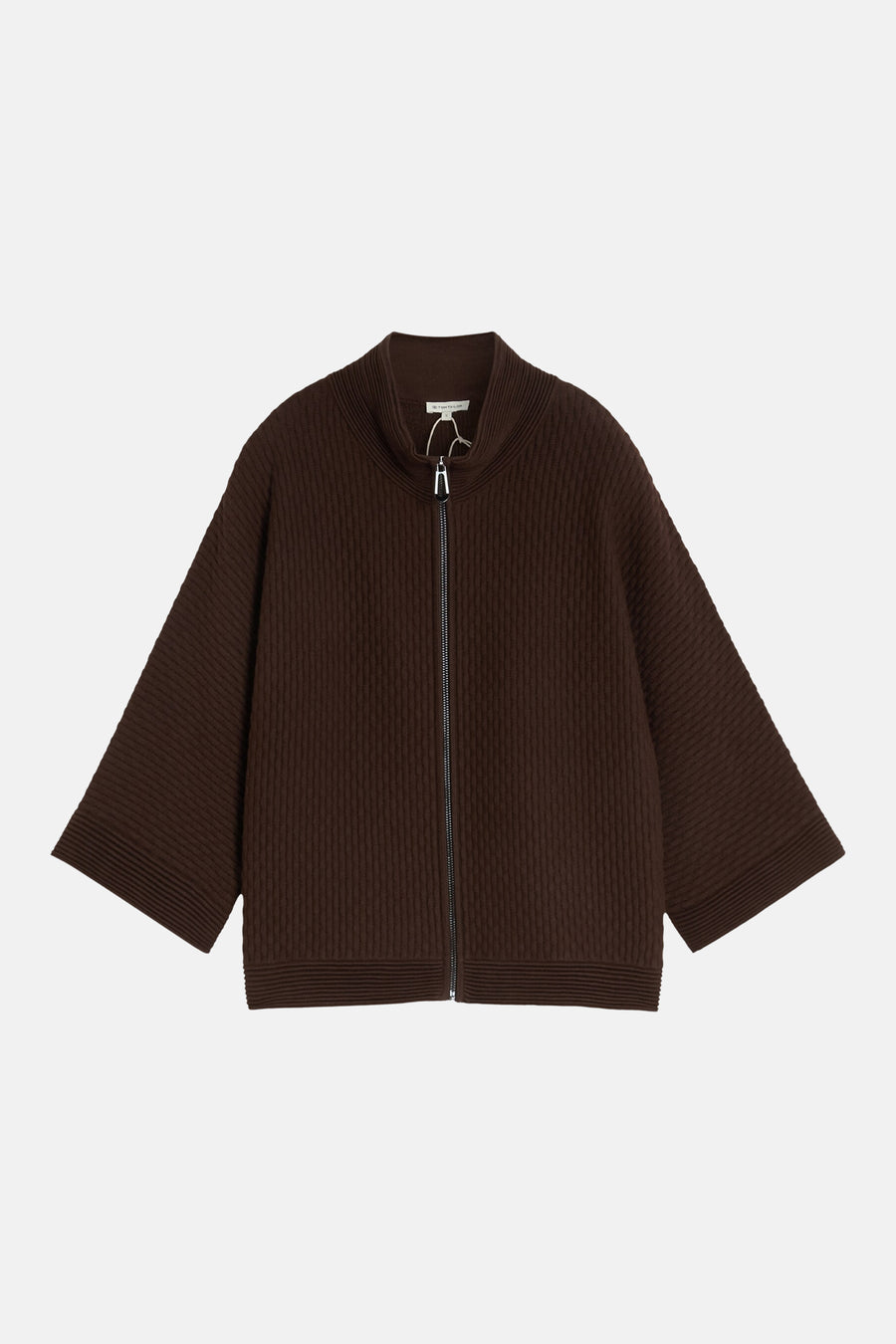 Brown ribbed knit cardigan with full-length zipper and stand collar, front view