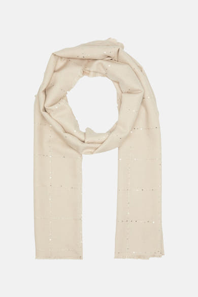 Foulard beige en tissu à carreaux par OPUS, orné de détails brillants.