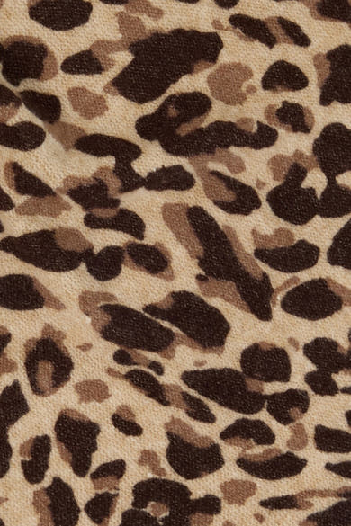 Multicolored leopard print scarf by Tom Tailor, featuring beige base with brown and black spots, textured knit fabric, close-up view
