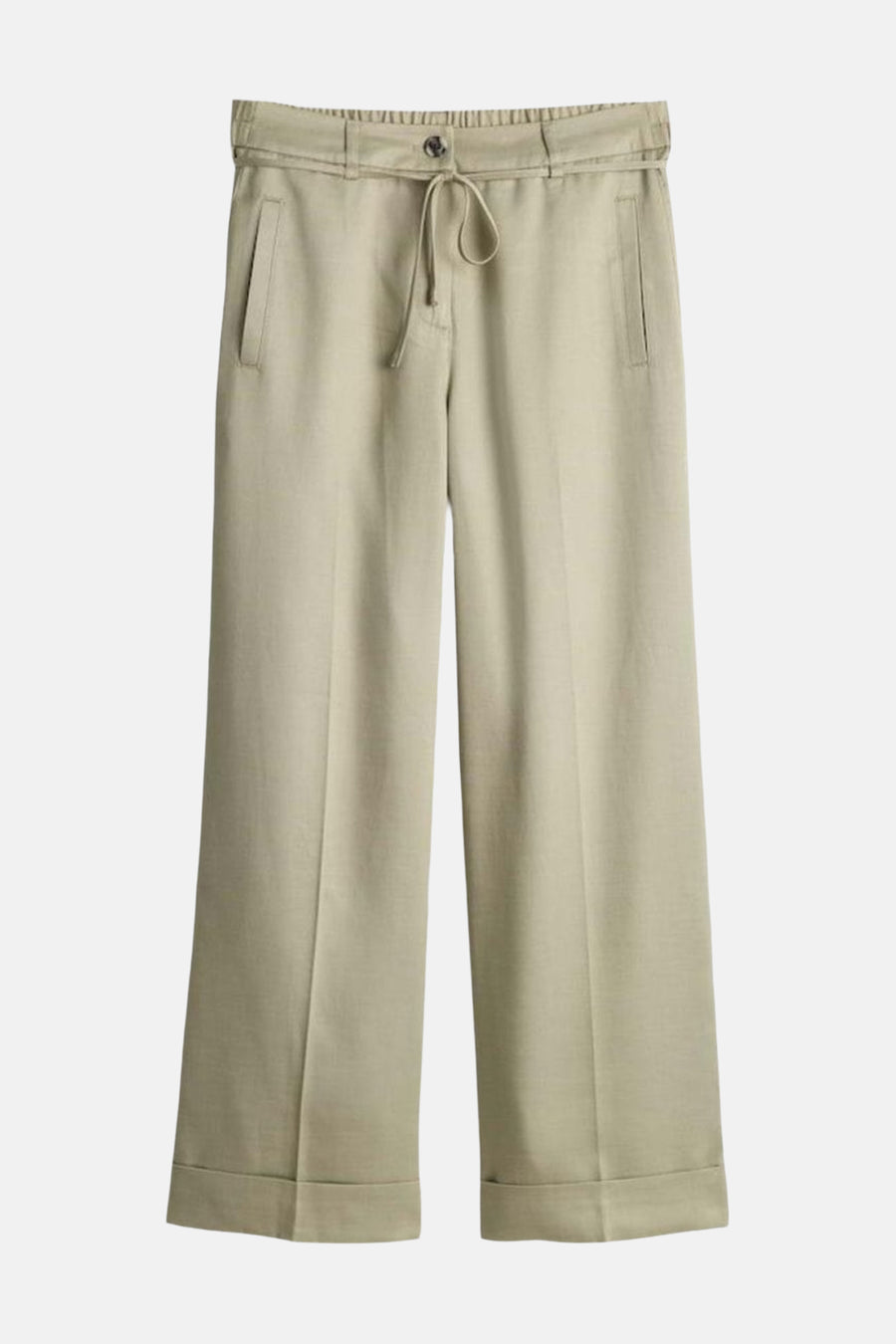 Pantalon de costume vert par OPUS, jambe large avec ourlets et ceinture à cordon.
