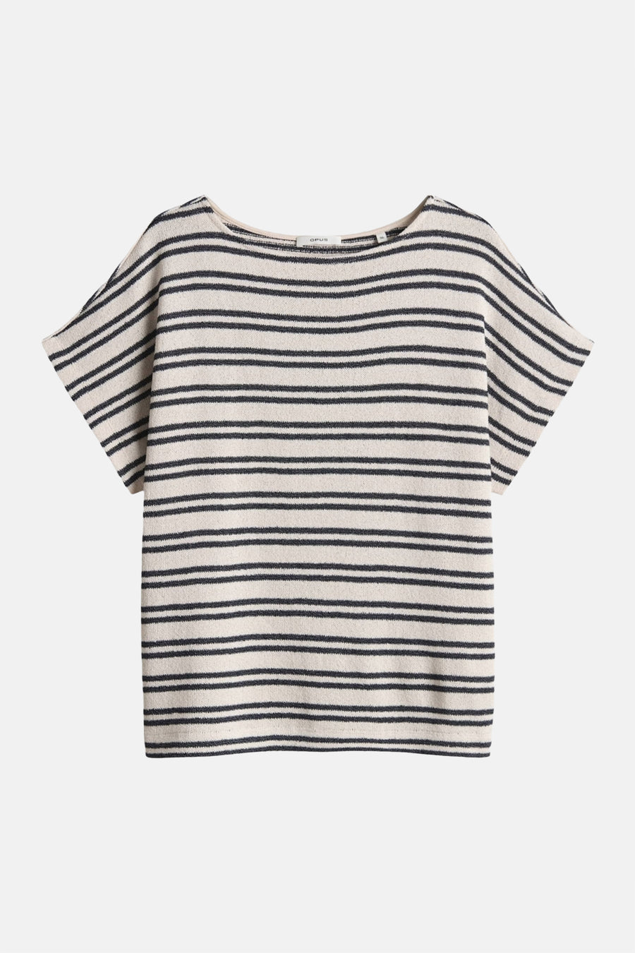 T-shirt à rayures blanc cassé et bleu marine de OPUS, à manches courtes, en maille texturée avec col bateau.