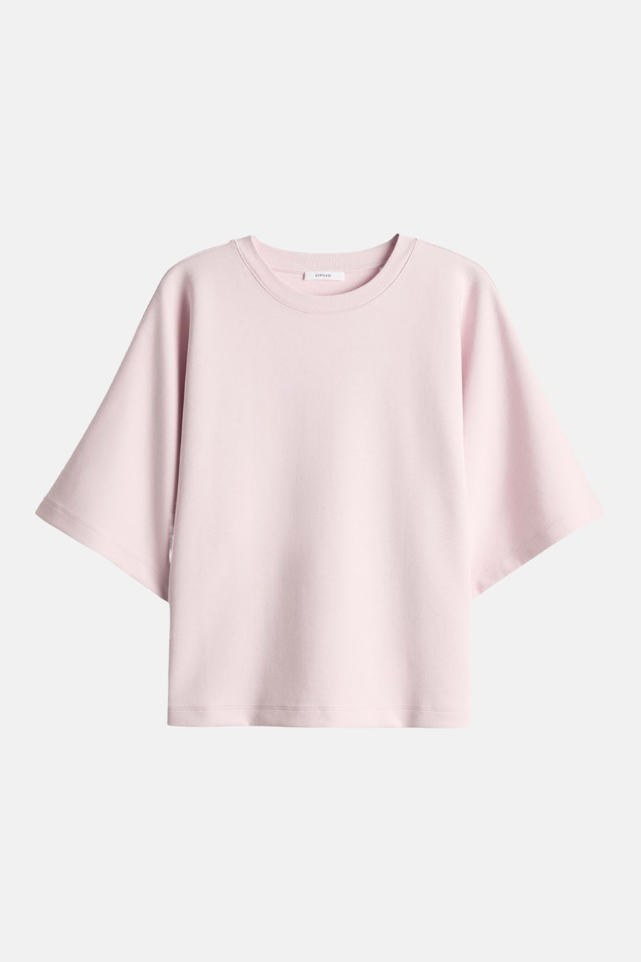 T-shirt rose uni à manches courtes d'OPUS, avec col rond, coupe ample et étiquette de marque visible.