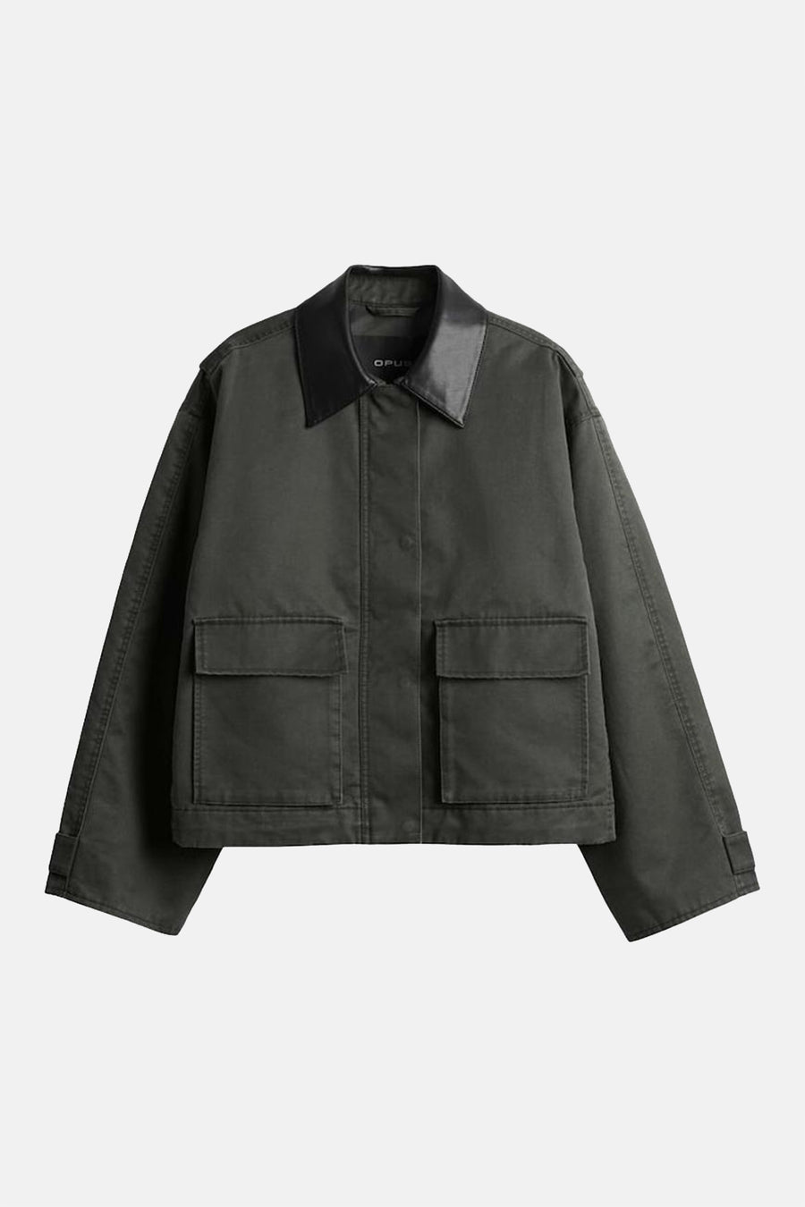 Dark green parka with black leather collar by OPUS, featuring front flap pockets and relaxed fit, shown front view.