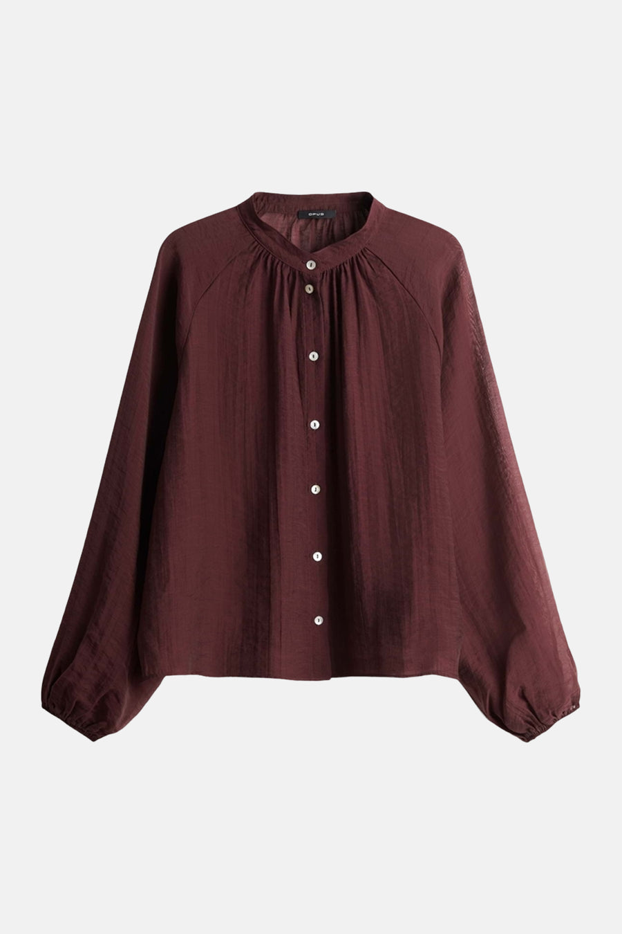 Bordeaux long-sleeve blouse with gathered neckline and white buttons by OPUS, featuring lightweight textured fabric and voluminous sleeves in front view