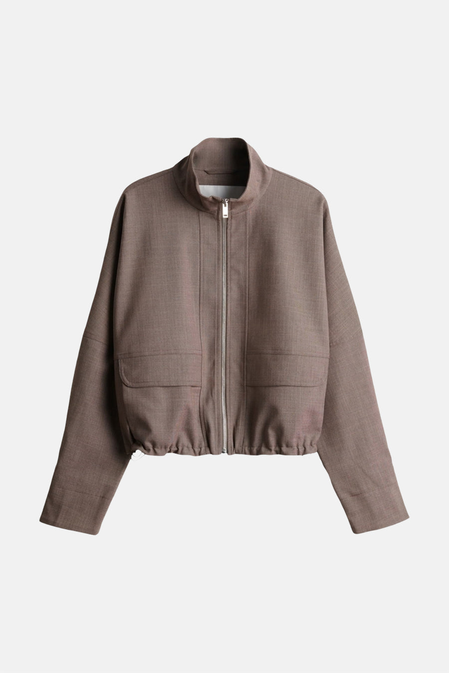 Brown bomber jacket with front zipper and two flap pockets, cropped fit, textured fabric, studio front view