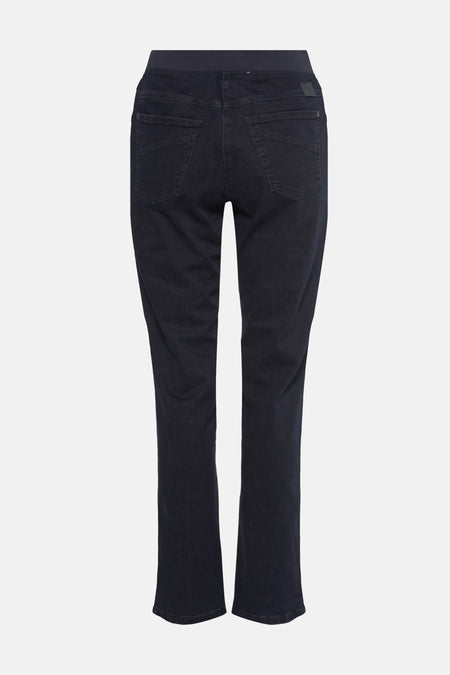 Jean slim en denim bleu foncé de RAPHAELA, avec ceinture élastique et poches arrière.