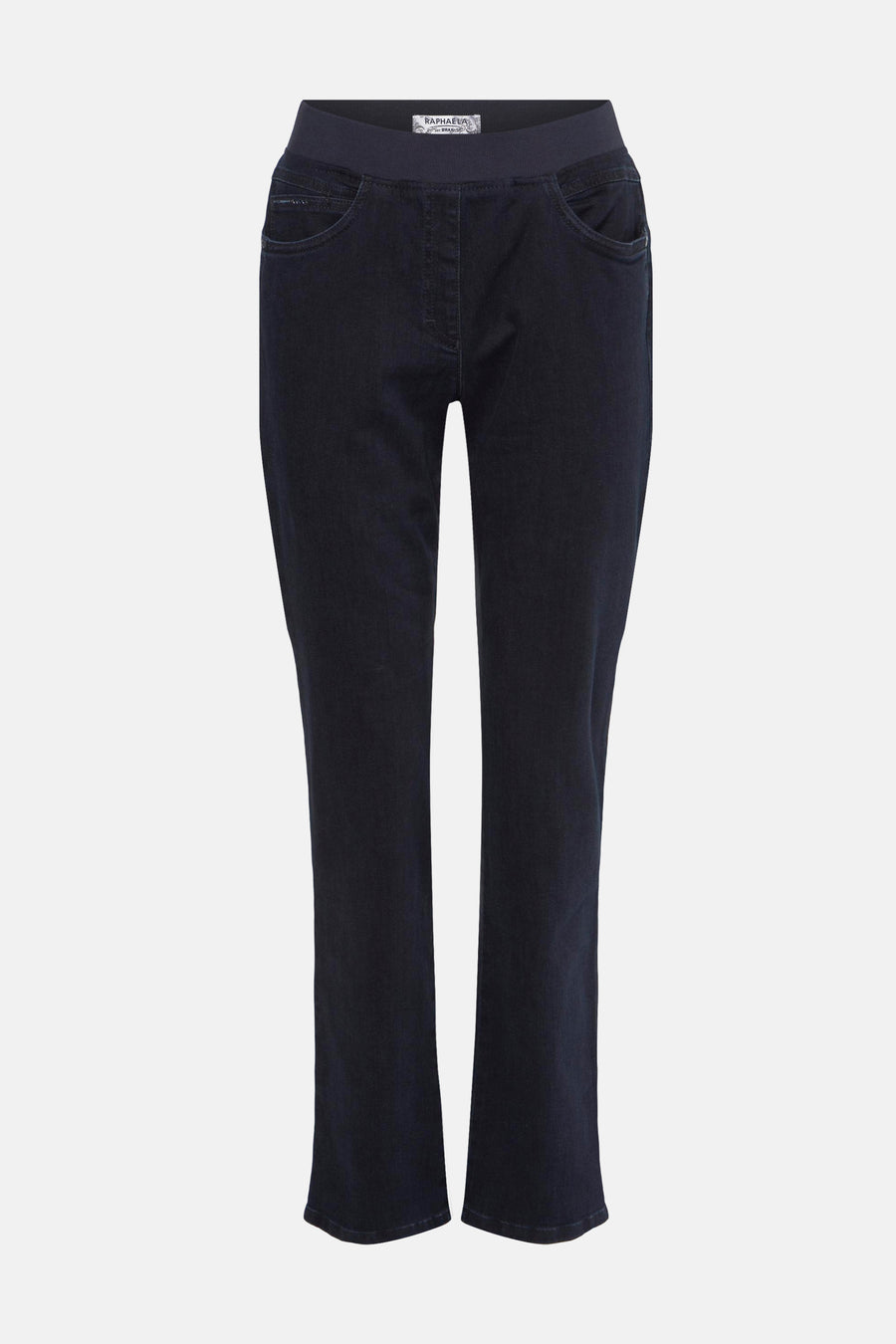 Donkerblauwe slim fit jeans van RAPHAELA, met elastische tailleband en discrete voorzakken.