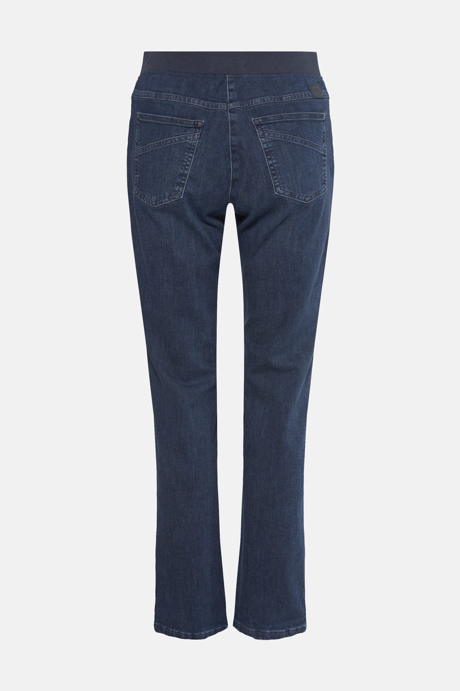 Slim jeans middellang blauw van RAPHAELA, met elastische tailleband en zichtbare achterzakken.