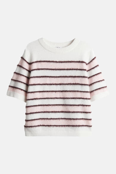 Multicolored round-neck sweater with pink and brown horizontal stripes, soft fuzzy texture, ribbed cuffs and hem, front view