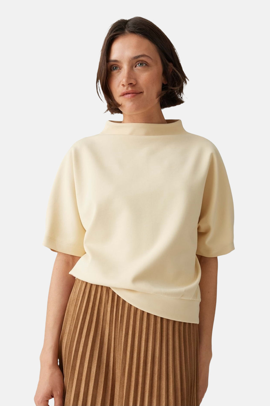 Yellow round-neck sweatshirt by OPUS, featuring short sleeves and a relaxed fit, worn with a pleated brown skirt in a front view.