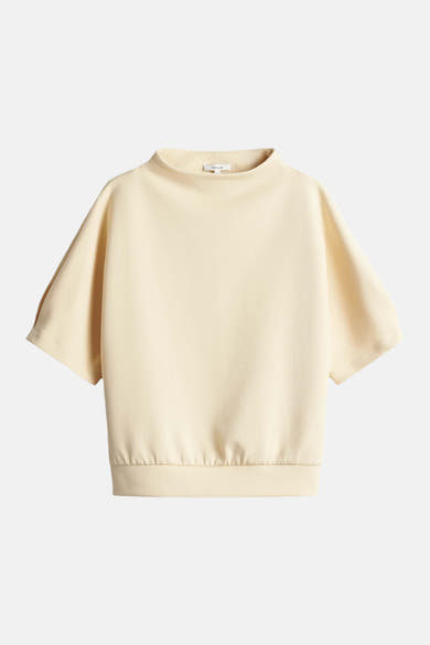 Yellow crewneck sweatshirt by OPUS, soft knit fabric, short sleeves, ribbed hem, front view