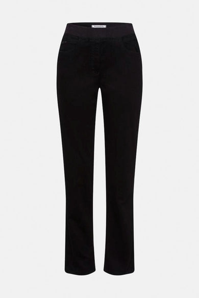 Jeans divers noirs de Raphaela, coupe droite, taille élastiquée.