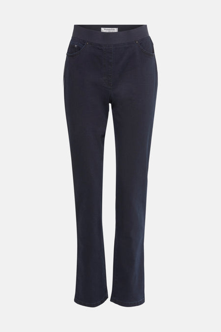 Jean bleu pour femme de RAPHAELA, avec ceinture élastique apparente et poches cavalières.