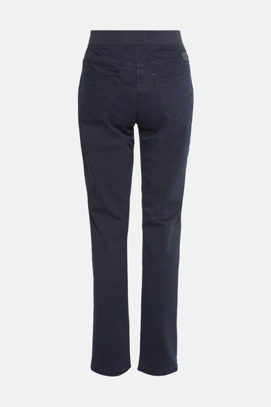 Jean bleu pour femmes de RAPHAELA, vue arrière, avec ceinture élastique et poches.