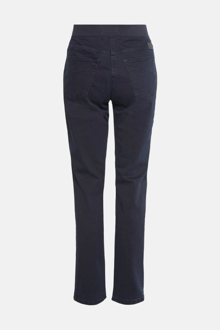 Jean bleu pour femmes de RAPHAELA, vue arrière, avec ceinture élastique et poches.