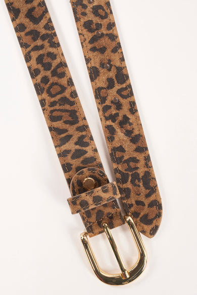 Bruine suède riem van Access®, luipaardprint met een glanzende gouden gesp.