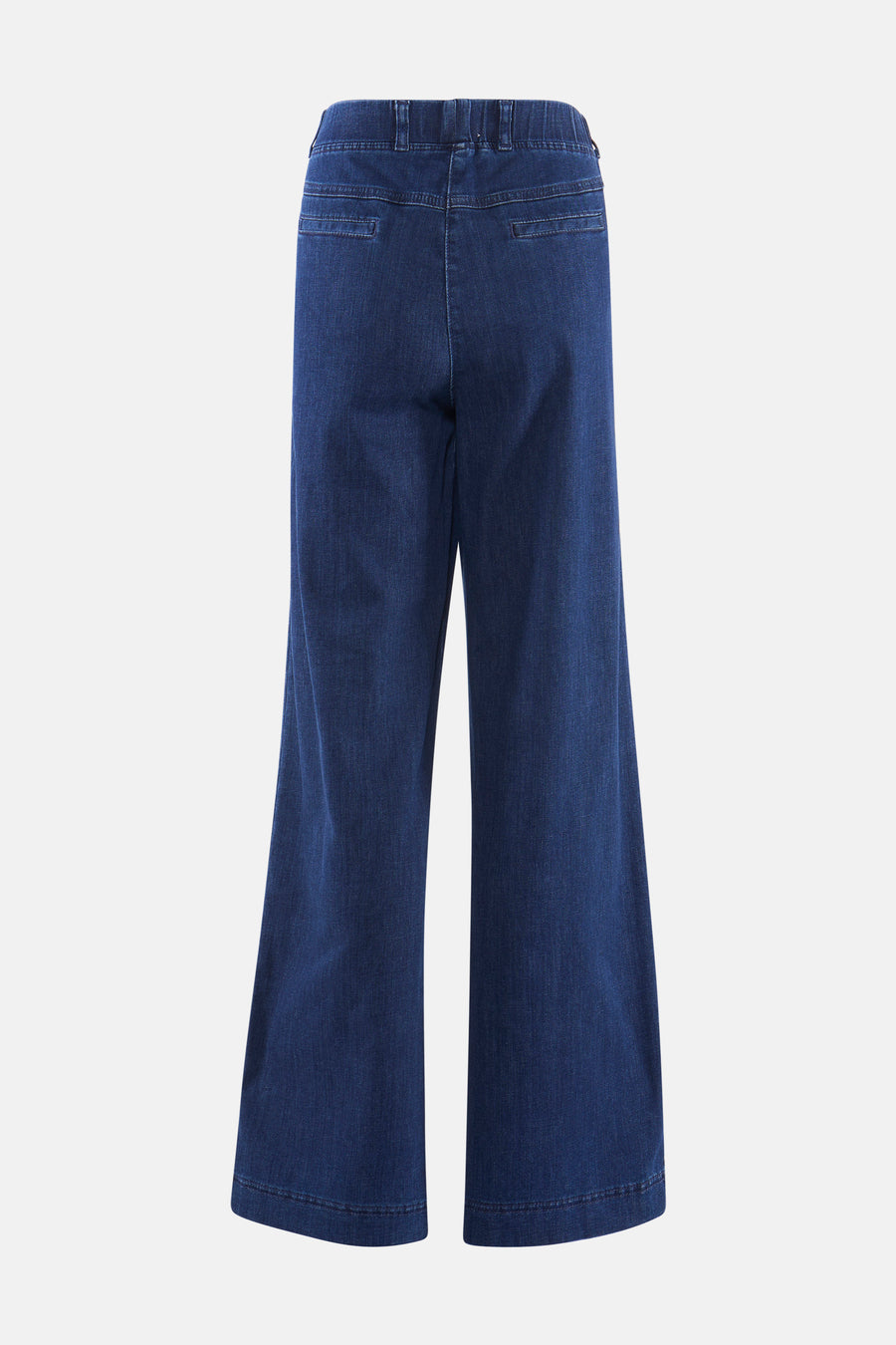 Donkerblauwe uitlopende jeans van RAPHAELA, met achterzakken en riemlussen.