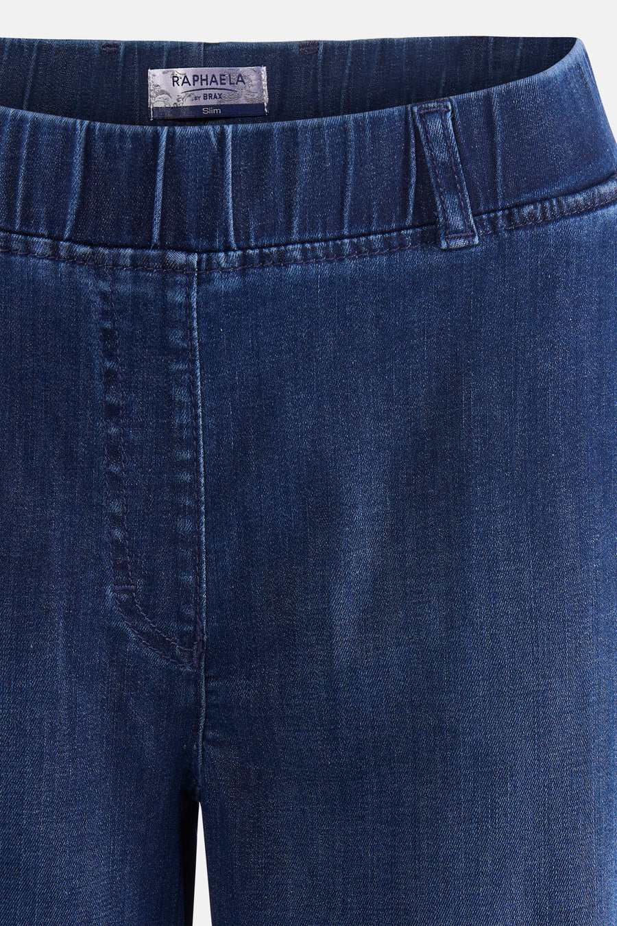 Wijd uitlopende spijkerbroek in donkerblauw denim van RAPHAELA, met elastische tailleband en riemlussen.