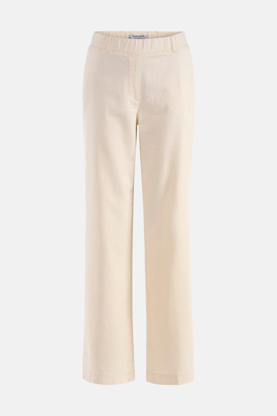 Ecru uitlopende jeans van RAPHAELA, detail van de paspelzak achter en de riemlus.