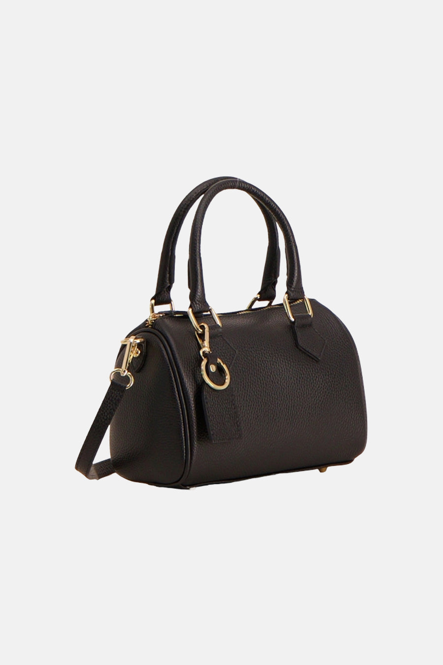 Sac à main noir de Access® en cuir grainé avec bandoulière, poignées rondes et ferrures dorées.
