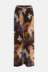 Brown floral print wide-leg pants with elastic waist and braided drawstring, front view