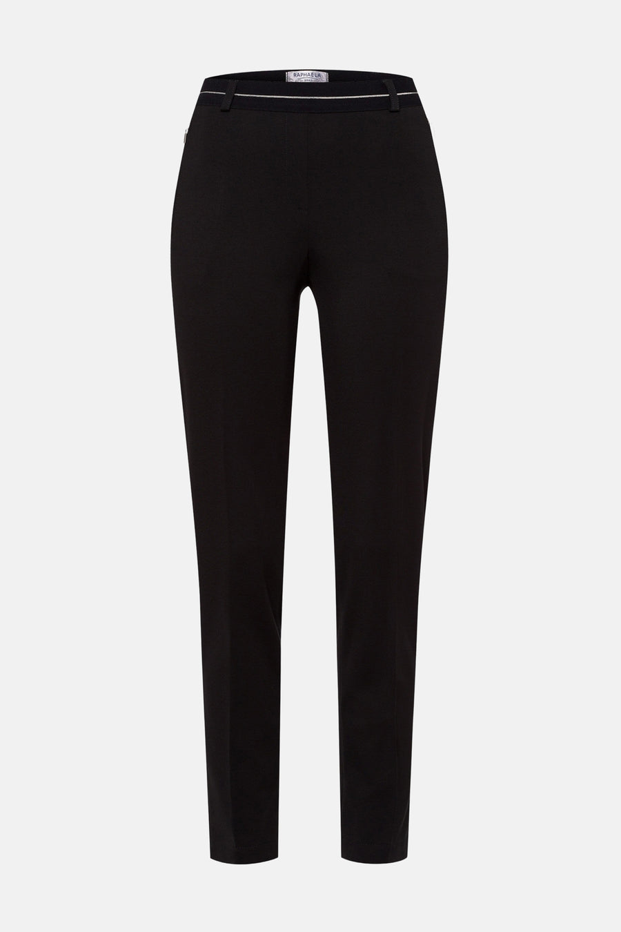 Zwarte broek van RAPHAELA, rechte pasvorm, met decoratieve zilveren riem.