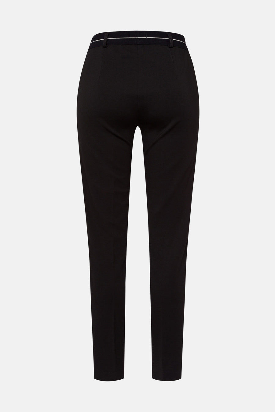 Zwarte broek van RAPHAELA, met een taille versierd met een dunne witte streep, van achteren gezien.