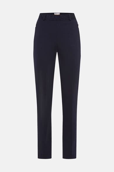 Pantalon de costume bleu par RAPHAELA, avec motif à la ceinture et poches zippées.
