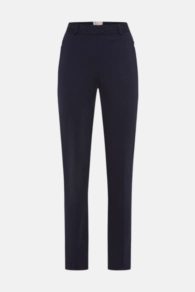 Pantalon de costume bleu marine de RAPHAELA, coupe droite et détails à la ceinture.