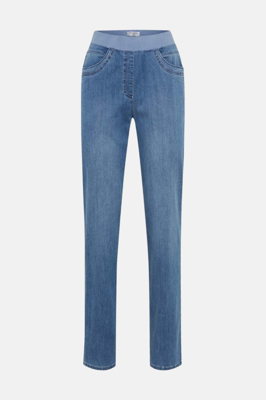 Slim jeans in lichtblauw denim van RAPHAELA, met elastische tailleband en decoratieve voorzakken.